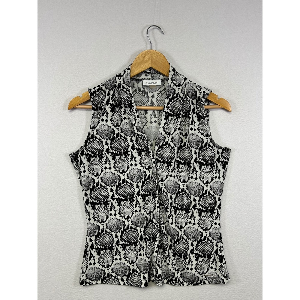 Mobwife Calvin Klein Womens XS Black White Snakeskin Print Sleeveless Blouse Top